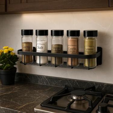 Imagem de Porta tempero e condimentos suporte de parede com adesivo 3D organizador cozinha prateleira prática para potes e especiarias (Tampa vermelha,8 Potes + Suporte + adesivo)