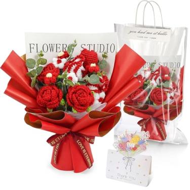 Imagem de Giegxin Conjunto de buquê de flores de crochê feito à mão, buquê de flores artificiais de rosa, presente romântico para sua namorada, mãe, Dia das Mães, Dia dos Namorados, casamento, aniversário