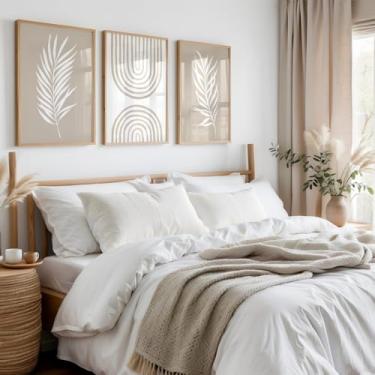 Imagem de Pôster de folha de palmeira bege, 3 peças, impressões abstratas, arte de parede, pintura em tela, arte para sala de estar, quarto, decoração de casa com moldura interna