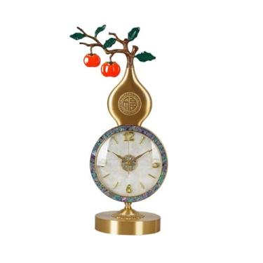 Imagem de KEG801302 Decoração de casa latão estilo chinês relógio de mesa ornamentos de relógio doméstico lente de vidro HD para quarto sala de estar decoração interna bancada (ouro)