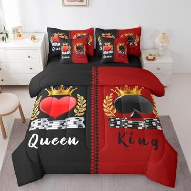 Imagem de Conjunto de cama solteiro King and Queen, 7 peças, Mr Mrs Lovers, preto e vermelho, patchwork, para crianças, coroa de ouro 3D, amor, coração, conjunto de edredom romântico com lençóis, fronhas