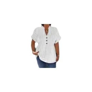 Imagem de Blusa Feminina plus Size Com Decote Em V, Botões, Manga Morcego, Listr