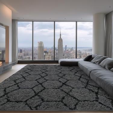 Imagem de ARKIIKI Tapetes grandes para sala de estar, 20 x 25 cm, cinza fofo e preto, tapetes felpudos geométricos macios e felpudos, tapete de quarto de crianças grandes, tapete moderno de pelúcia