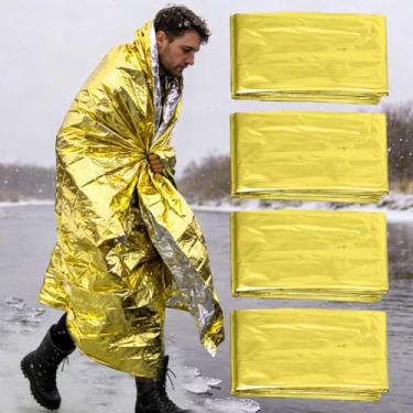 Imagem de Cobertor térmico de emergência, 4 peças, 203 x 139 cm, portátil, mylar, espaço, sobrevivência, acampamento, caminhada, maratona, kit de primeiros socorros, equipamento de resgate