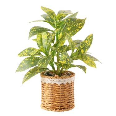 Imagem de Nubry Plantas falsas em vasos artificiais com vaso trançado para prateleira e mesa | Perfeito para decoração de mesa de centro de 25 cm