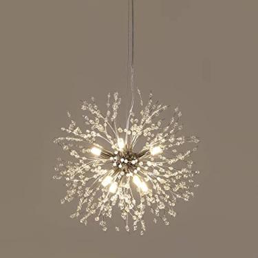 Imagem de Luminária pendente moderna em formato de dente-de-leão, com cristais que lembram fogos de artifício, ideal para ambientes internos como sala de estar, restaurante e cozinha.