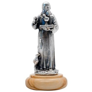 Imagem de Mini estátua de santo católico | Decoração de casa cristã | Estatueta de metal de 5,7 cm de altura em base de madeira de oliveira | Ótimo presente religioso para a primeira comunhão ou confirmação