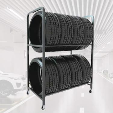 Imagem de Suportes de pneu para porão de garagem, suporte de pneu para carro/caminhões/reboque/bicicleta suja com altura ajustável da roda da barra transversal, suporte de pneu de aço para pneus de neve