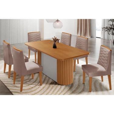 Imagem de Mesa Cozinha Pilar c/ Tampo Madeirado Canto Curvo 180x90cm e 6 Cadeiras Maldivas Madeira Maciça Naturale - Capuccino/Linho Capuccino-Rufato