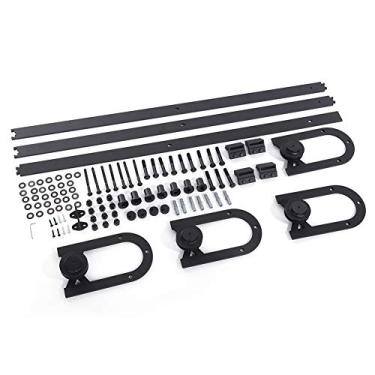 Imagem de Ferragens deslizantes para porta de celeiro, design de camada dupla, à prova de ferrugem, sistema de trilho silencioso suave para portas de madeira de armário de interiores, aço preto fosco, 3 metros