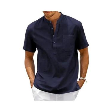 Imagem de Camisa Casual De Praia Masculina Vintage Em Algodão E Linho Com Gola H