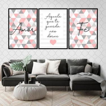 Imagem de Kit 3 Quadros Decorativos Fé Amor Triângulos Salmon