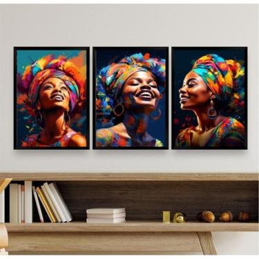 Imagem de Kit 3 Quadros Arte Mulheres Africanas 24x18cm - Com Vidro