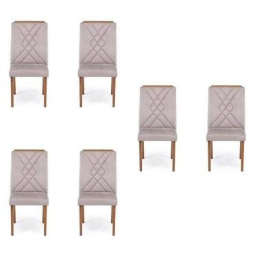 Imagem de Kit 6 Cadeiras para Sala de Jantar com Pés em Madeira Maciça Megan Natural/Cinza