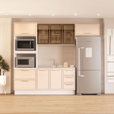 Imagem de Cozinha com Rodapé Torre Quente Aéreo de Vidro e Balcão sem Tampo Amara Creme/Branco
