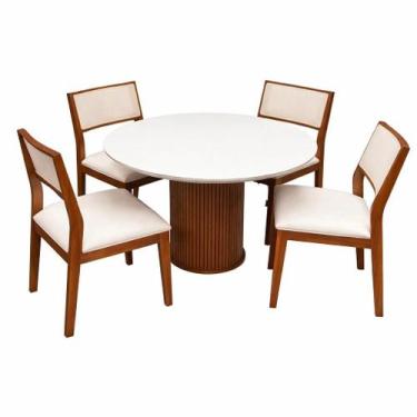 Imagem de Mesa de Jantar Dara 110cm Redonda com Vidro e 4 Cadeiras Oiti em Linho