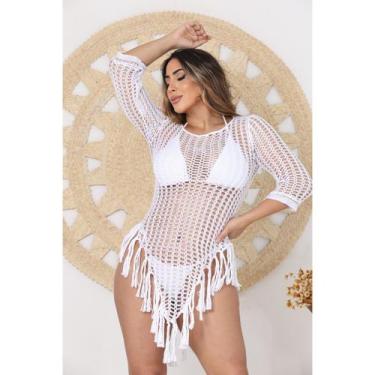 Imagem de Vestido Saida de Praia Maresias Tricot Crochê Moda Praia Franjas Manga