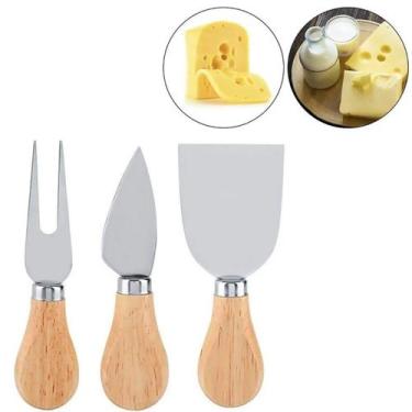 Imagem de Kit Para Servir Queijos 3 Peças Tábua De Madeira Com Facas Prático Ent