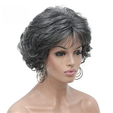 Imagem de Perucas femininas curtas cacheadas castanho-escuro peruca sintética peruca inteira feminina grossa para perucas de cabelo humano diário (cor: AB009 mistura cinza, comprimento esticado: 20 cm)