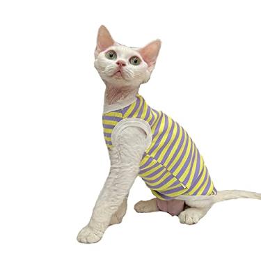 Imagem de Sphynx Cat Summer Clothes Elasticity Vintage Stripes Vest V-Neck Fashion Camisetas Respiráveis Leve Roupas Gatinho Roupa para Gato (G (3-4 kg), Listra Amarela)