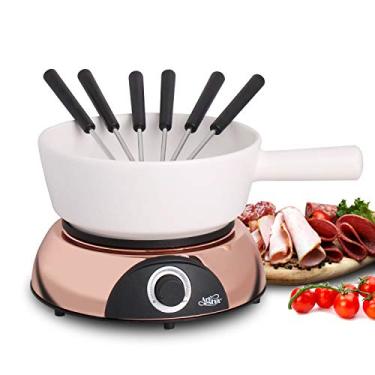 Imagem de Artestia Panela elétrica de fondue de 2 litros 1500 W, conjunto de fondue suíço de uso duplo para derretimento de queijo e chocolate, controle de temperatura ajustável, panela de cerâmica branca com