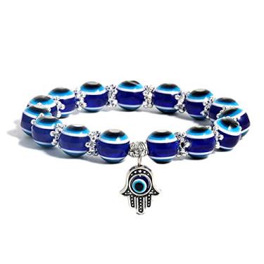 Imagem de Bracelete com contas azuis e olhos do mal Hamsa da Summer Love, bracelete elástico de mão da Fátima Turca Evil Eye Lucky para proteção e bênção Azul