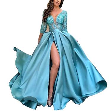 Imagem de Vestido de festa formal longo de renda feminino vestidos de casamento decote em V com fenda swing vestido de festa para mulheres com mangas, azul claro, XGG