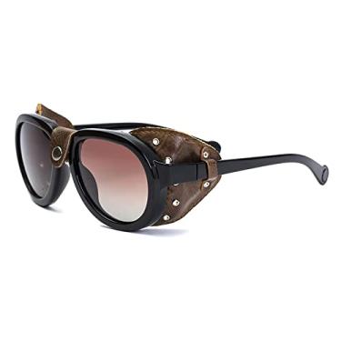 Imagem de Óculos de sol polarizados grandes para mulheres design de luxo redondo steampunk óculos de couro vintage óculos uv400 gafas, 3, china
