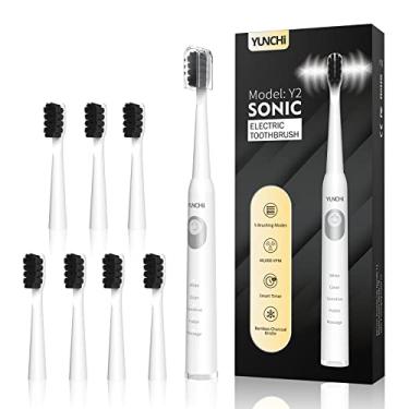 Imagem de Escova de dentes elétrica Sonic para adultos e crianças com 8 cabeças de escova de carvão, escovas de dentes elétricas recarregáveis YUNCHI Y2, limpeza profunda e hálito fresco, 5 modos, carga rápida, escova de dentes com temporizador de 2 minutos, branca