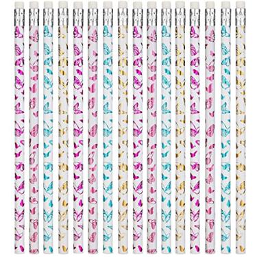 Imagem de 24 peças de lápis borboleta infantil lápis de madeira personalizado com borrachas lápis novidade para crianças professores estudantes recompensas artigos de papelaria lembrancinhas de festa