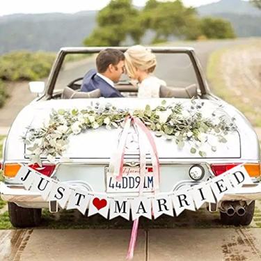 Imagem de Just Married, conjunto de faixa de casamento, decorações de casamento para recepção, chá de panela e adereço de foto de noivado, decorações de carro