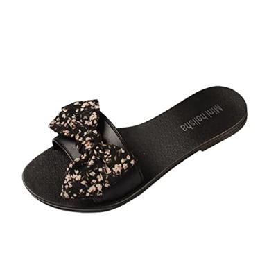 Imagem de Chinelos florais rurais elegantes com laço floral nó sandálias da moda diário verão outwear casual praia chinelos planos femininos (preto, 7,50)
