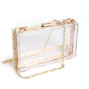 Imagem de WJCD Bolsa feminina transparente de acrílico, bolsa de mão pequena transparente transversal para noite aprovada pelo estádio com alça de corrente dourada, Dourado, Small