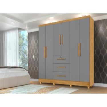 Imagem de Roupeiro/Guarda Roupas/Armário TOK 6 Portas 1.80m Amplo Espaço Interno Puxadores em Madeira e Gaveta com Chave Cor Nature/Cinza