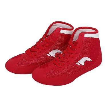 Imagem de Sapatos de boxe para meninos com cadarço cano alto tênis de luta livre para meninos sapatos de treinamento de competição jovens, Vermelho, 4 Big Kid
