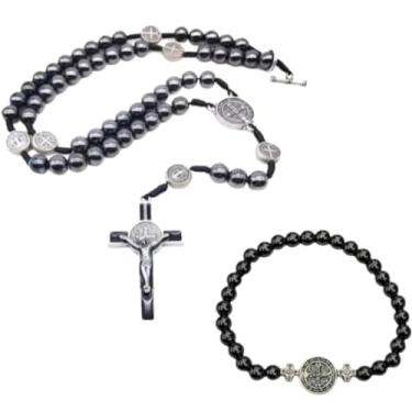 Imagem de Kit Colar Terço São Bento Hematita + Pulseira São Bento Hematita
