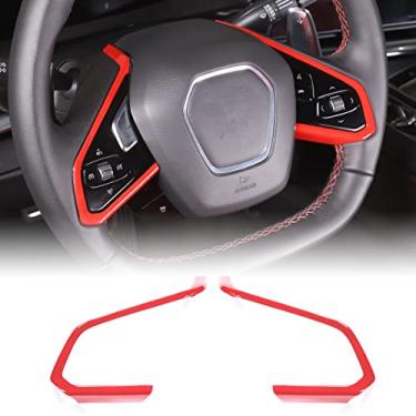 Imagem de Capa de botão de volante compatível com Chevrolet Corvette C8 2020-2023, acabamento da moldura do volante, adesivo de moldagem da moldura de proteção do painel do volante do carro (ABS vermelho esportivo)