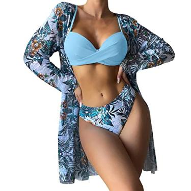 Imagem de STKOOBQ Sutiã biquíni feminino cintura alta 2023 sexy conjunto de biquíni 3 peças saída de praia para mulheres manga longa push, N, M