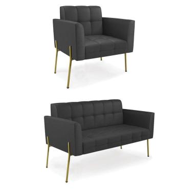 Imagem de Sofá Namoradeira e Poltrona Base Pé de Ferro Dourado Elisa Corino Preto D03 - D`Rossi