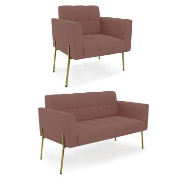 Imagem de Sofá Namoradeira e Poltrona Base Pé de Ferro Dourado Elisa Veludo Rosê D03 - D`Rossi