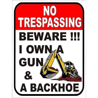 Imagem de Placa de metal retrô SignWarning Beware I Own a Gun Retroescavadeira Do Not Trespass para casa, caverna, garagem, bar, decoração de parede, placa de metal 20 x 30 cm