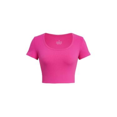 Imagem de Fafaget Camiseta feminina atlética gola canoa manga curta canelada cropped para treino, corrida, ioga, Vermelho rosa, GG