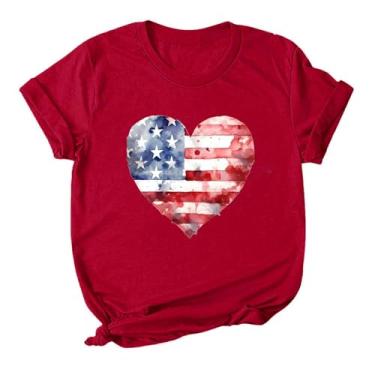 Imagem de Camiseta feminina com bandeira americana patriótica, listras estrelas, bandeira americana, jeans, feminina, patriótica, camisetas estampadas engraçadas, Vermelho, XXG
