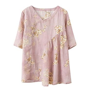 Imagem de Blusa feminina de linho com estampa floral, solta, bonita, com botões laterais, manga curta, assimétrica, gola redonda, rosa, G