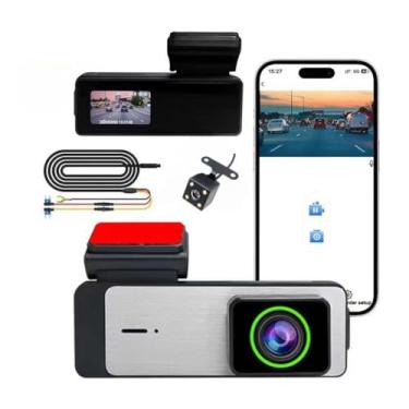 Imagem de Gravador de direção de alta definição, monitoramento de estacionamento com 2 lentes frontal e traseira, câmera para carros, estacionamento 24 horas e gravação em loop com visão noturna infravermelha,