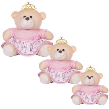 Imagem de Trio De Ursinhas Para Nicho Menina Princesa Vestido Floral Rosa Coroa Realeza Quarto Presente Pelúcia Fofura Decoração