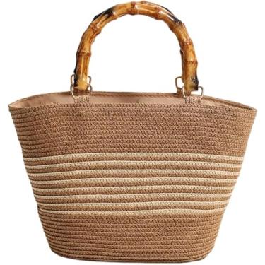 Imagem de FUFUYING Alças de bambu verão praia feitas à mão bolsas de mão de palha de papel de compras de palha, B