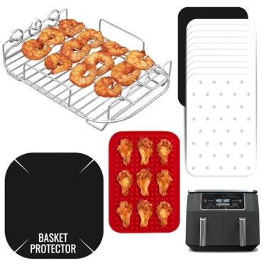 Imagem de Acessórios para Ninja Air Fryer 2 Basket DZ201 8 QT & DZ204 10 QT, rack de espeto para fritadeira dupla zona, forro de silicone reutilizável, 100 peças de papel manteiga, acessório de capa de cesta