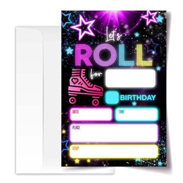 Imagem de ANYEMW Convite de aniversário de patins 4x6, convites de festa, lembrancinhas de festa neon brilhante, decorações de festa de patins, convites de aniversário infantil, 20 cartões com 20 envelopes.