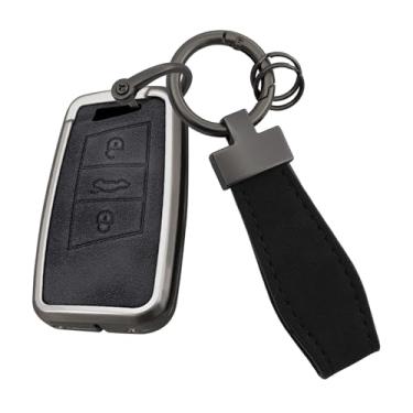 Imagem de HIBEYO Capa de chaveiro compatível com Volkswagen Key Case Acessórios de couro e liga de zinco compatíveis com VW Volkswagen Passat Tiguan Skoda CC B8 MK2 B7 Superb A7 Magotan-Short chaveiro preto